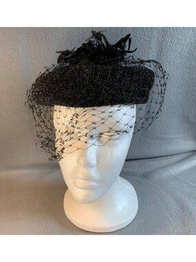 Miss Nancy Ladies Vintage Black Hat W/ Embellishments & Veil Size 22 Unique Chic